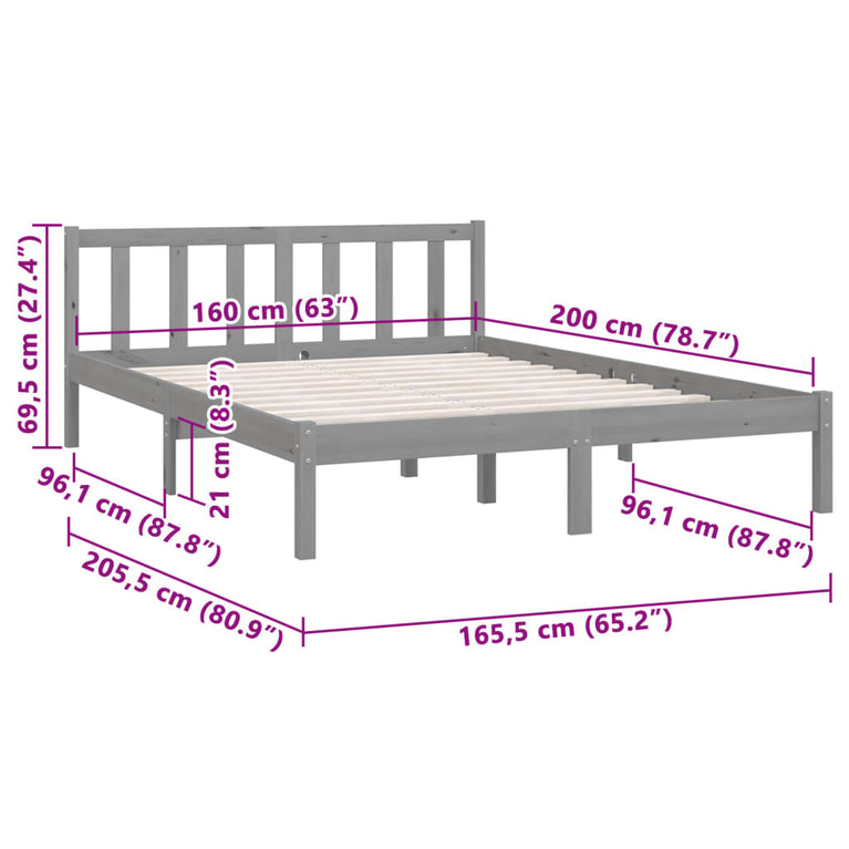 Bedframe massief grenenhout grijs 160x200 cm