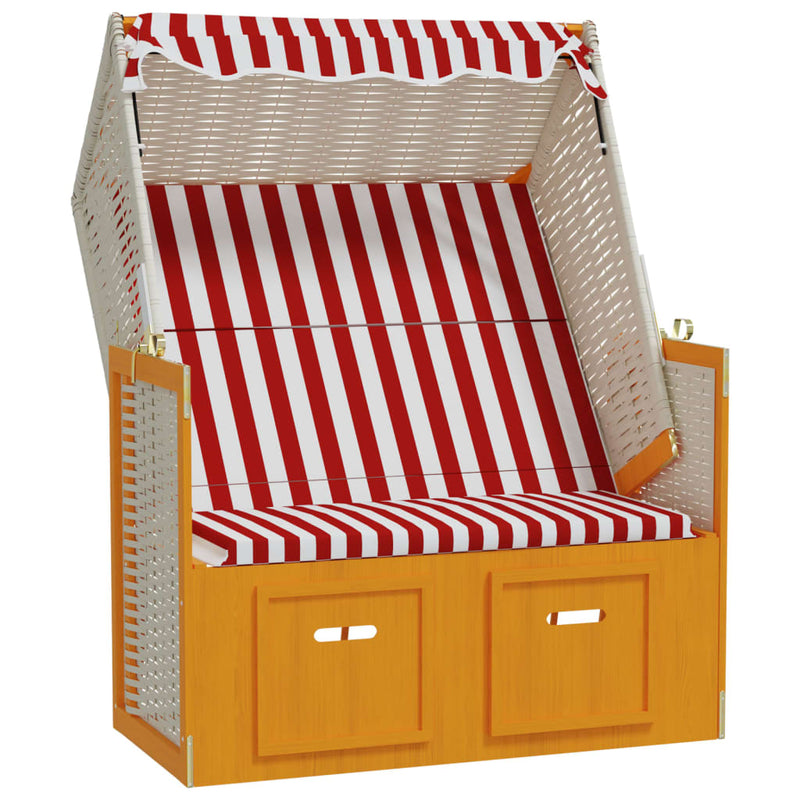 Strandstoel met luifel poly rattan en massief hout rood en wit