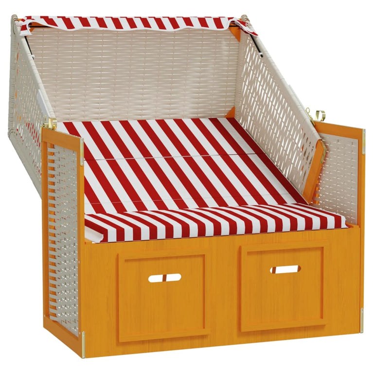 Strandstoel met luifel poly rattan en massief hout rood en wit