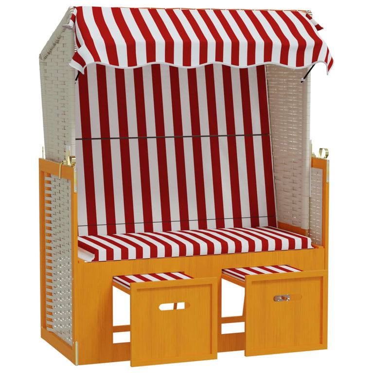 Strandstoel met luifel poly rattan en massief hout rood en wit