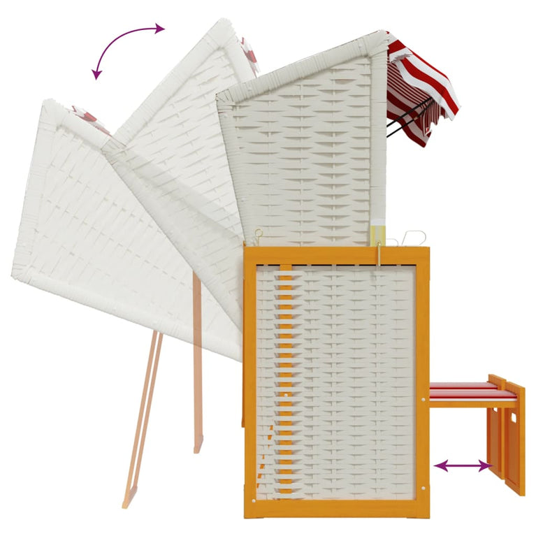 Strandstoel met luifel poly rattan en massief hout rood en wit