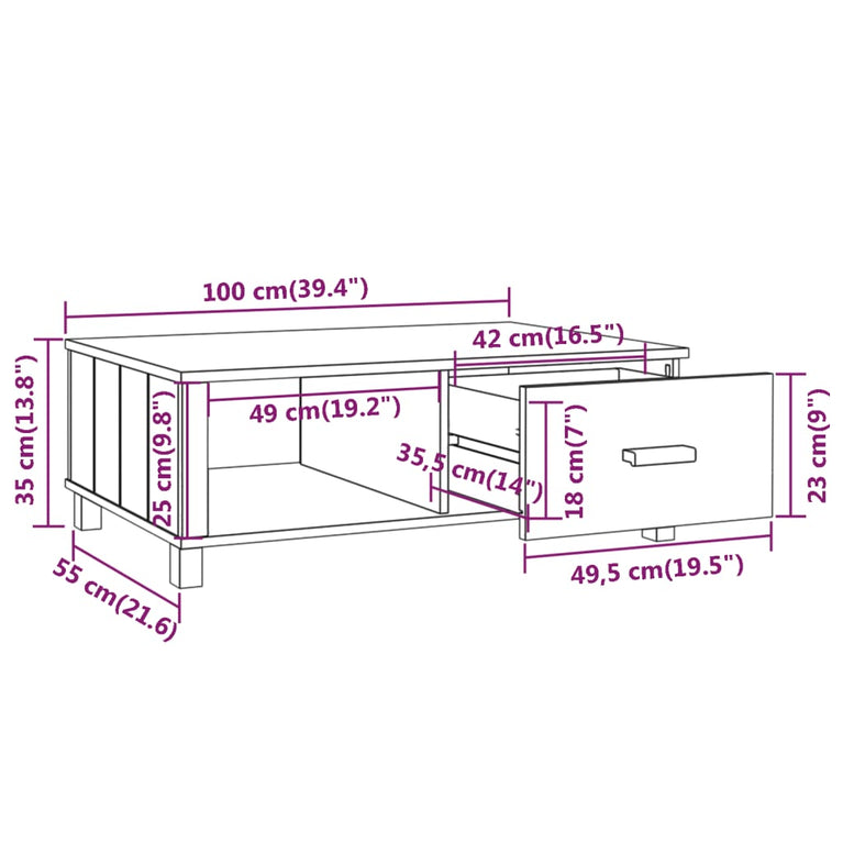 Salontafel HAMAR 100x55x35 cm massief grenenhout lichtgrijs