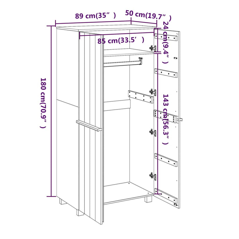 Kledingkast HAMAR 89x50x180 cm massief grenenhout honingbruin