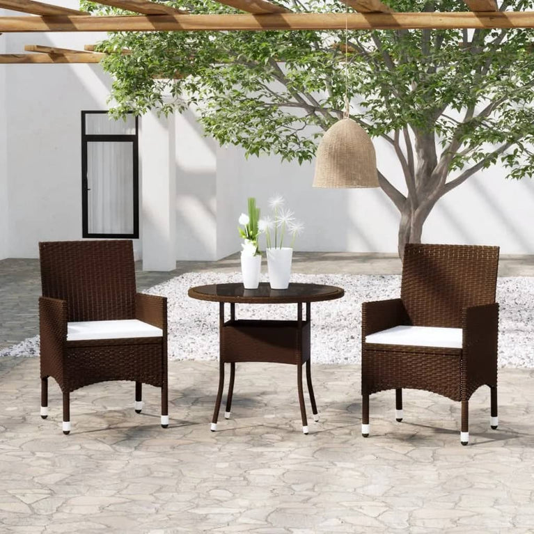 3-delige Bistroset poly rattan en gehard glas bruin