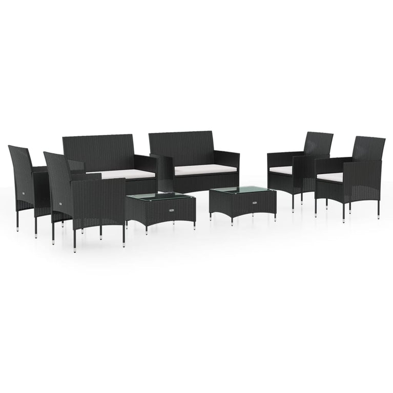 8-delige Loungeset met kussens poly rattan zwart