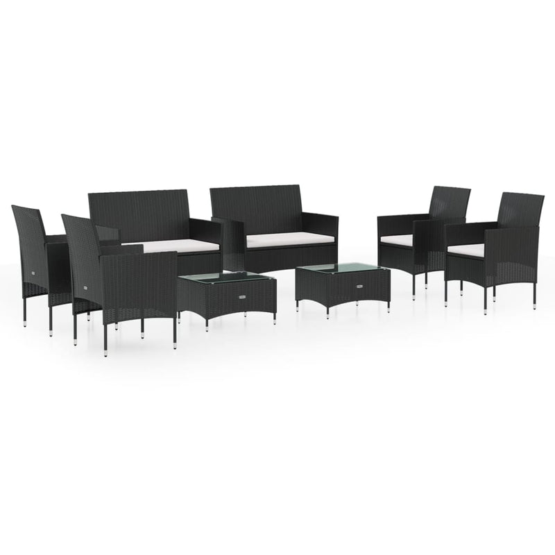 8-delige Loungeset met kussens poly rattan zwart