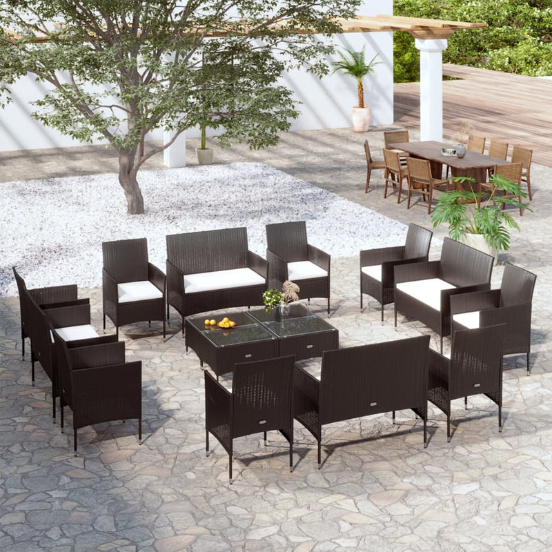 16-delige Loungeset met kussens poly rattan zwart