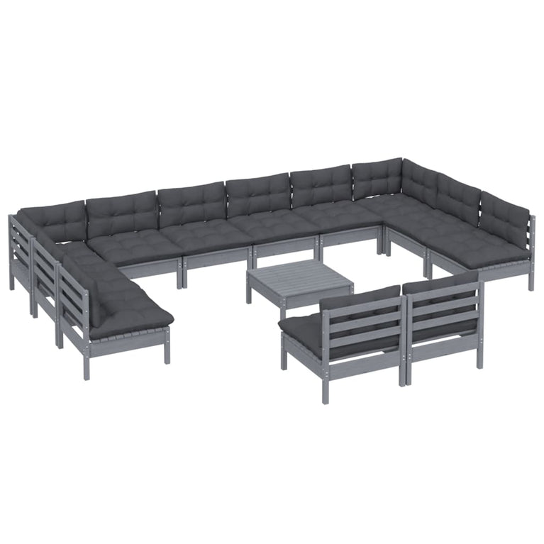 13-delige Loungeset met kussens massief grenenhout grijs
