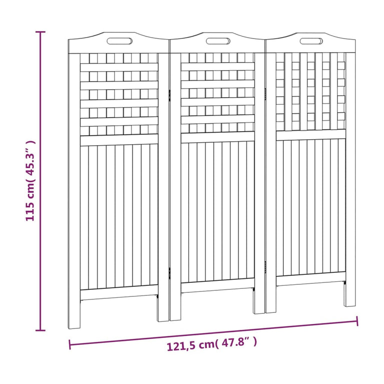 Kamerscherm met 3 panelen 121,5x2x115 cm massief acaciahout