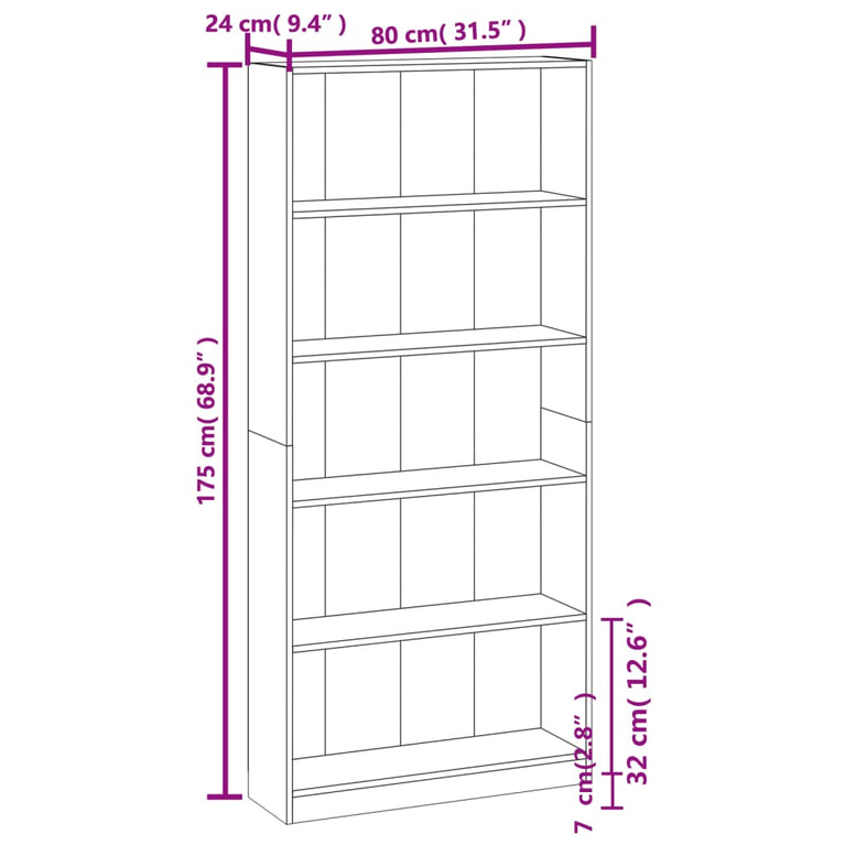 Boekenkast 80x24x175 cm bewerkt hout bruin eikenkleur