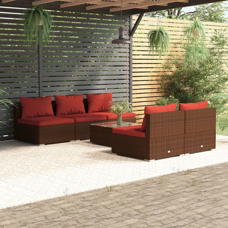 6-delige Loungeset met kussens poly rattan bruin
