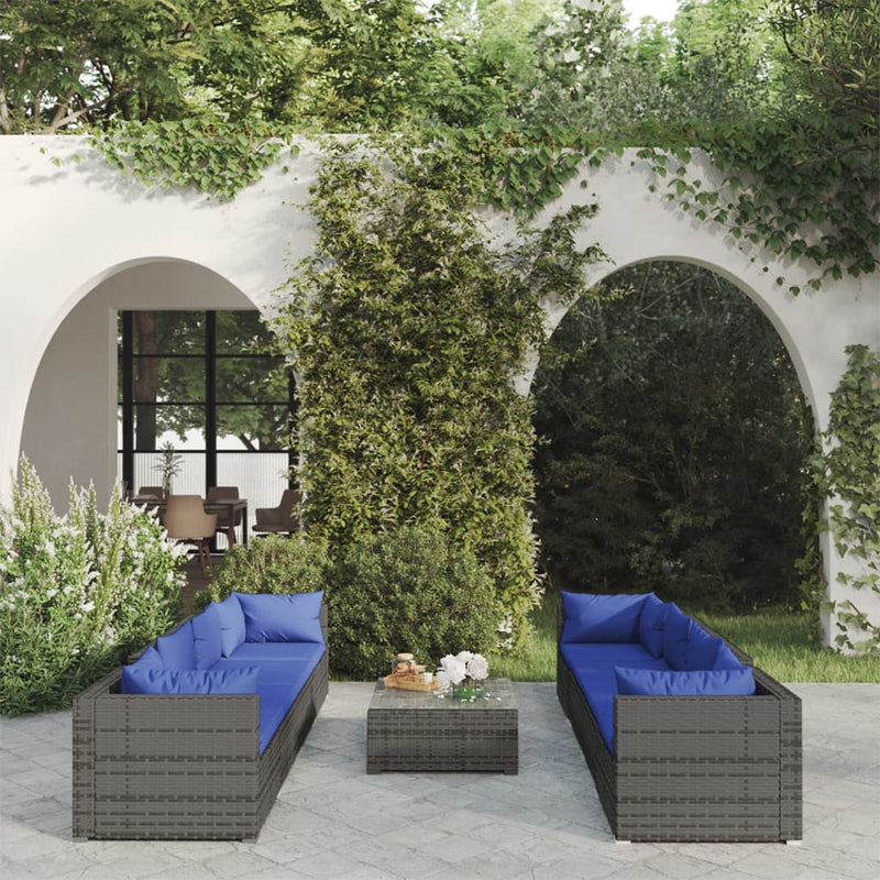9-delige Loungeset met kussens poly rattan grijs