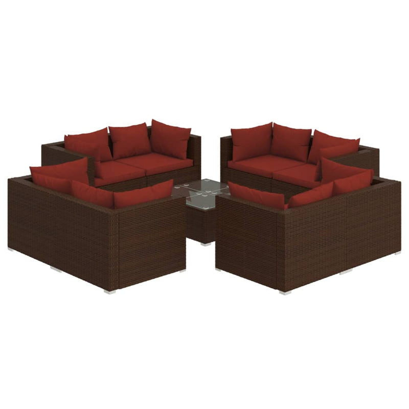 9-delige Loungeset met kussens poly rattan bruin