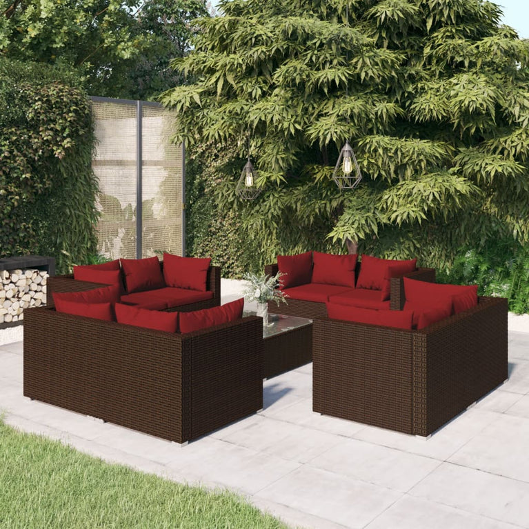 9-delige Loungeset met kussens poly rattan bruin