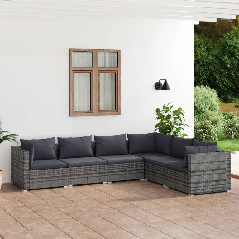 6-delige Loungeset met kussens poly rattan grijs
