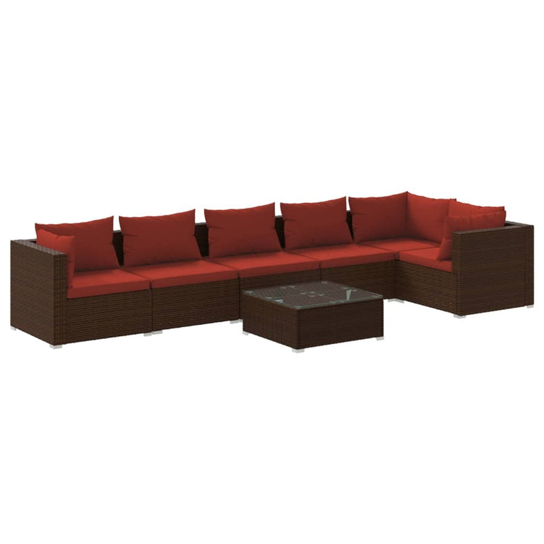 7-delige Loungeset met kussens poly rattan bruin