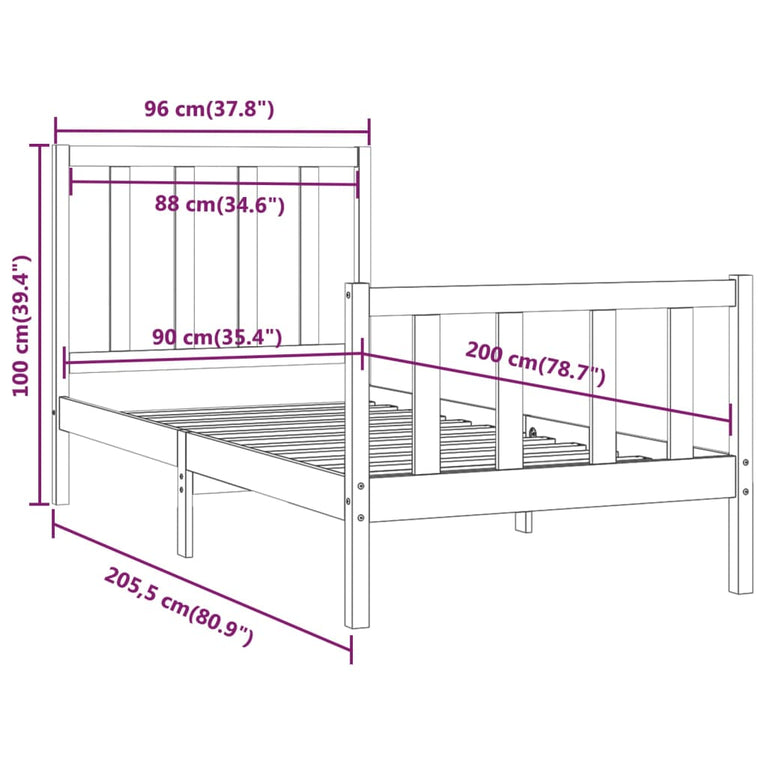 Bedframe massief hout wit 90x200 cm