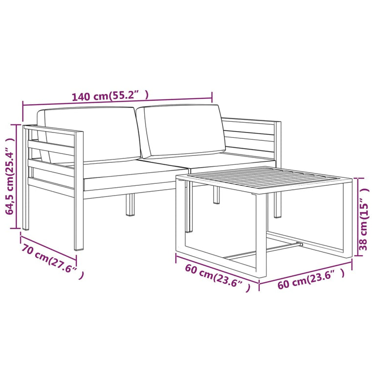 3-delige Loungeset met kussens aluminium antracietkleurig