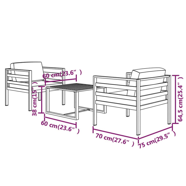 3-delige Loungeset met kussens aluminium antracietkleurig