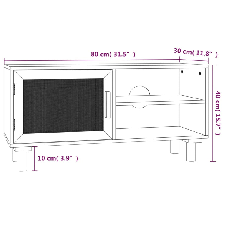 Tv-meubel 80x30x40 cm massief grenenhout en rattan bruin