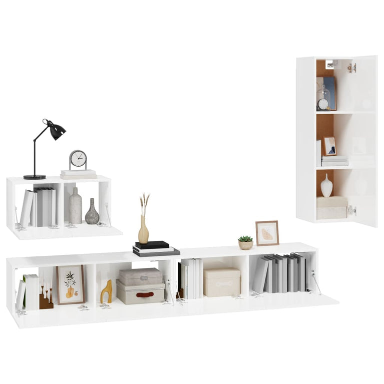 4-delige Tv-meubelset bewerkt hout hoogglans wit