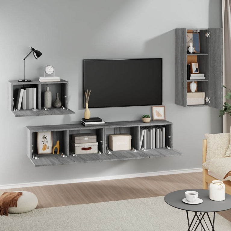 4-delige Tv-meubelset bewerkt hout grijs sonoma eikenkleurig