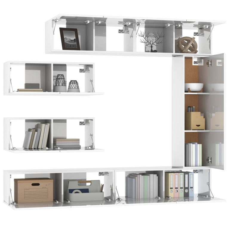 7-delige Tv-meubelset bewerkt hout hoogglans wit