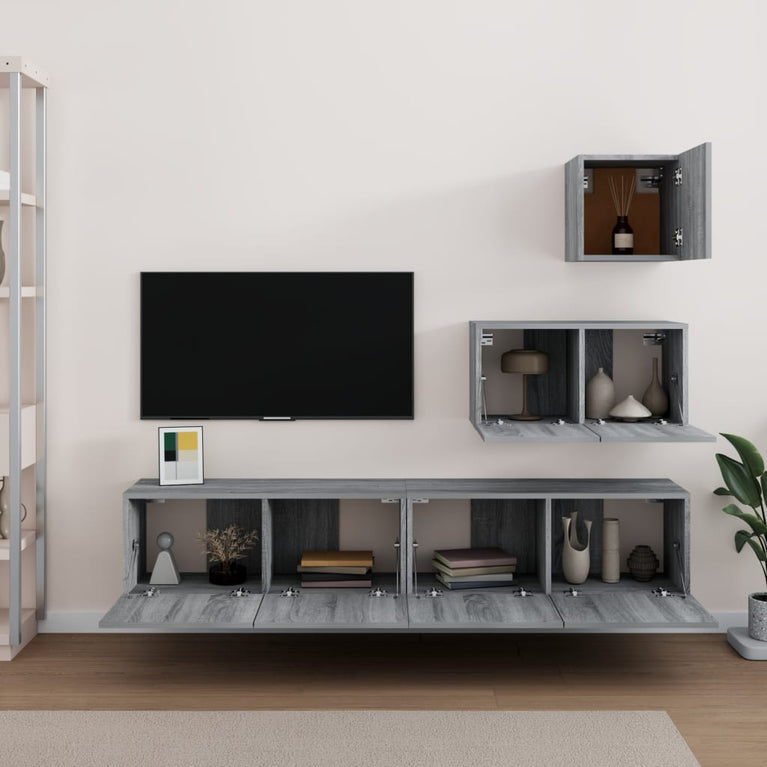 4-delige Tv-meubelset bewerkt hout grijs sonoma eikenkleurig