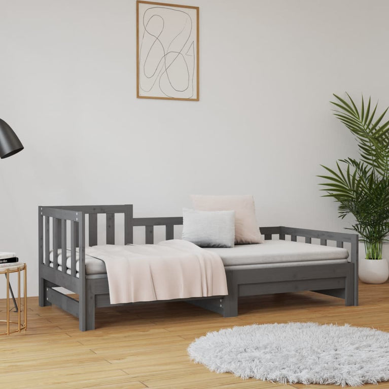 Slaapbank uitschuifbaar massief grenenhout grijs 2x(90x190) cm