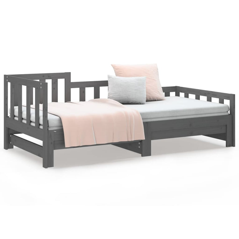 Slaapbank uitschuifbaar massief grenenhout grijs 2x(90x190) cm