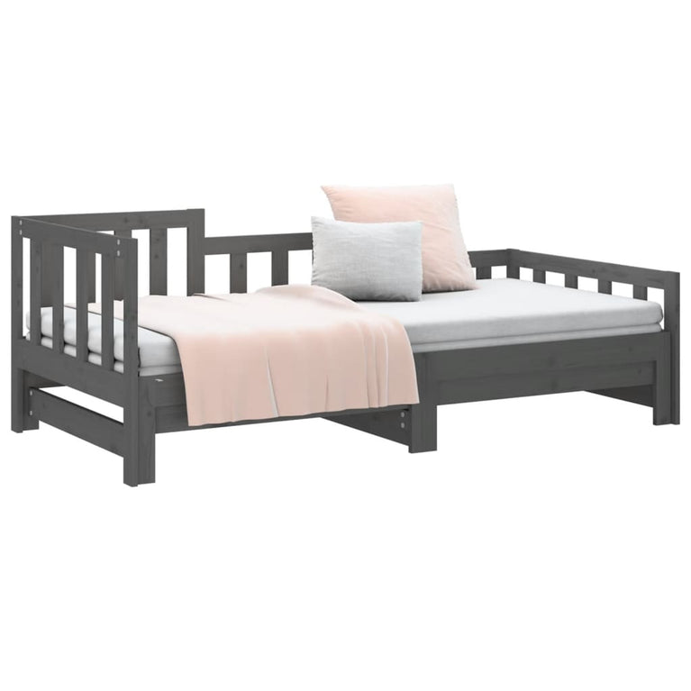 Slaapbank uitschuifbaar massief grenenhout grijs 2x(90x190) cm