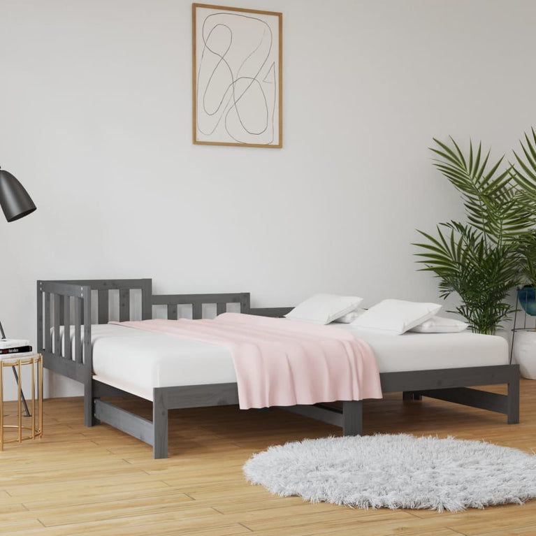 Slaapbank uitschuifbaar massief grenenhout grijs 2x(90x190) cm
