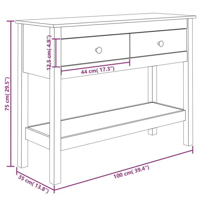 Wandtafel 100x35x75 cm massief grenenhout wit