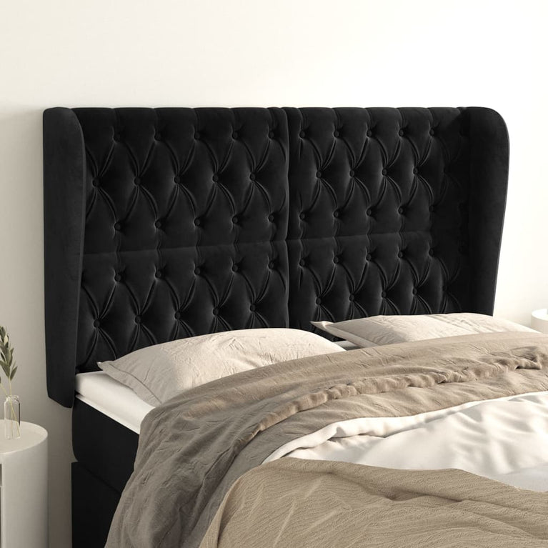 Hoofdbord met randen 163x23x118/128 cm fluweel zwart