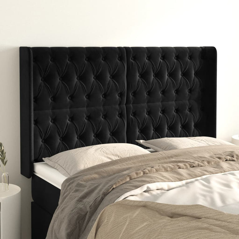 Hoofdbord met randen 163x16x118/128 cm fluweel zwart