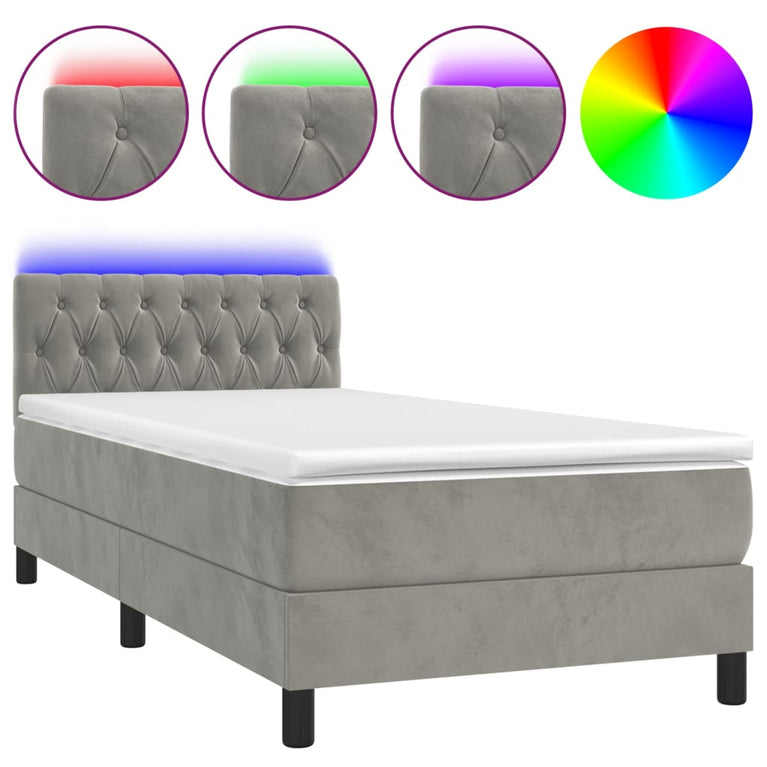 Boxspring met matras en LED fluweel lichtgrijs 90x190 cm