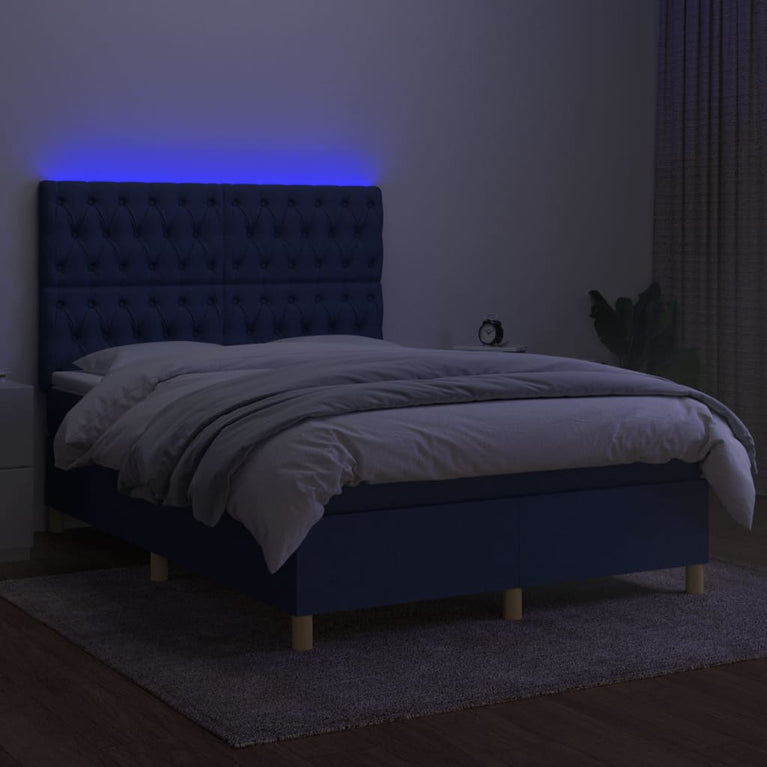 Boxspring met matras en LED stof blauw 140x190 cm