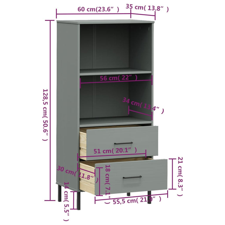 Boekenkast met 2 lades OSLO 60x35x128,5 cm massief hout grijs