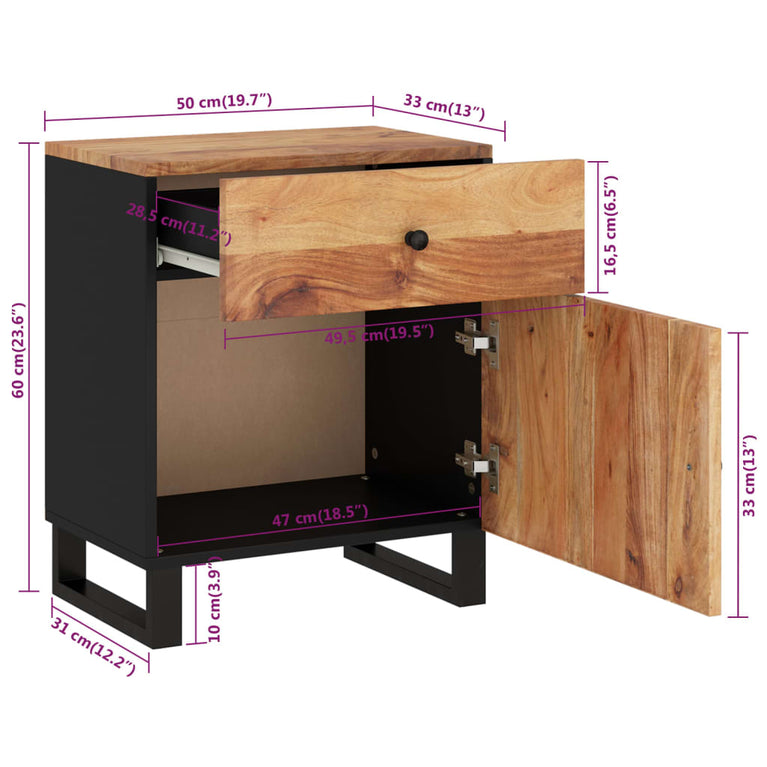Nachtkastje 50x33x60 cm massief acaciahout en bewerkt hout