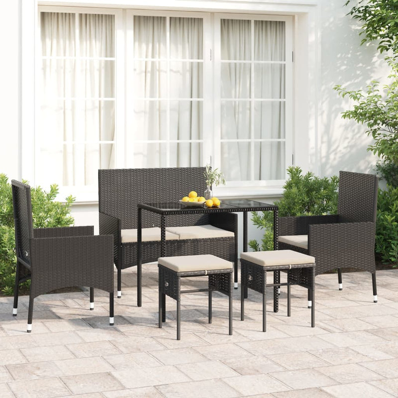 6-delige Loungeset met kussens poly rattan zwart