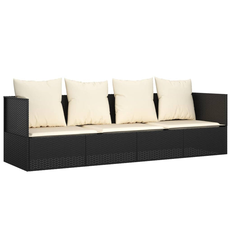 Loungebed met kussens poly rattan zwart