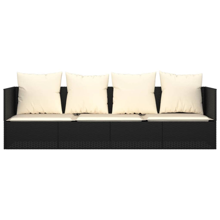 Loungebed met kussens poly rattan zwart