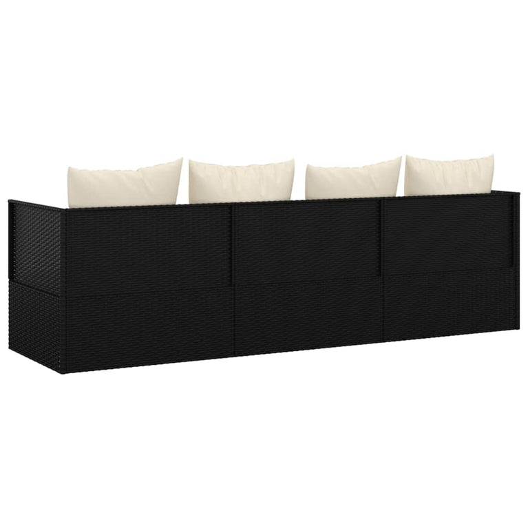 Loungebed met kussens poly rattan zwart