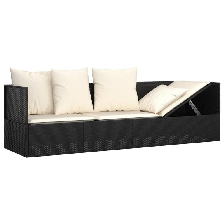 Loungebed met kussens poly rattan zwart