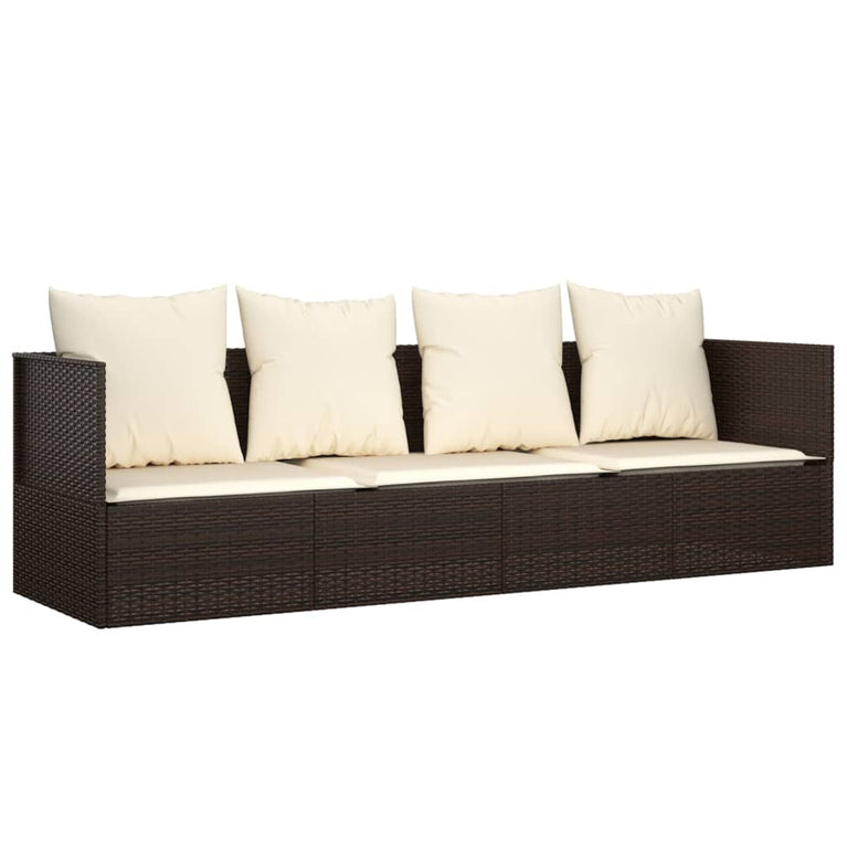 Loungebed met kussens poly rattan bruin