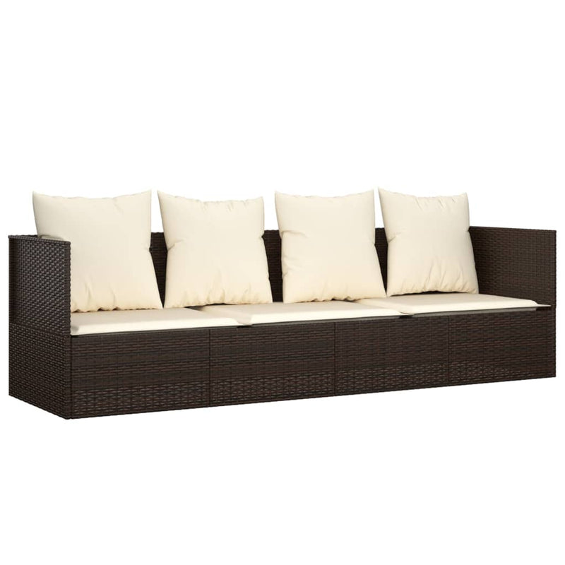 Loungebed met kussens poly rattan bruin