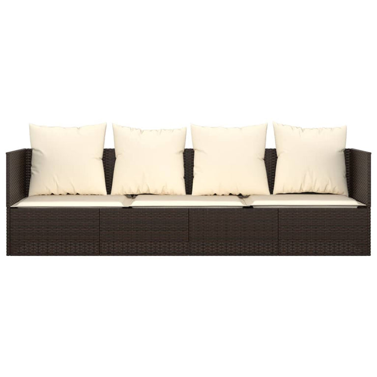 Loungebed met kussens poly rattan bruin