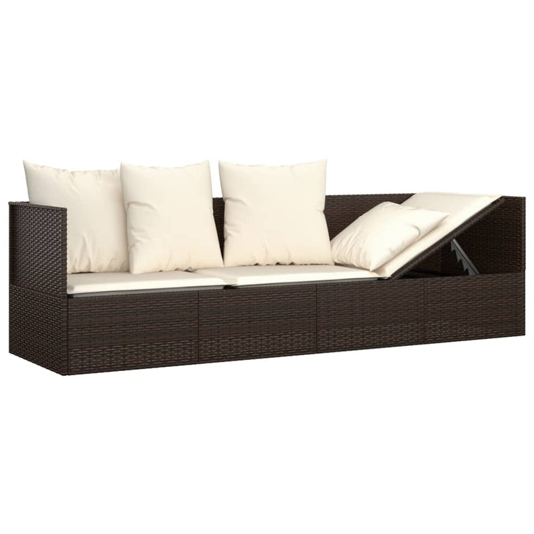 Loungebed met kussens poly rattan bruin