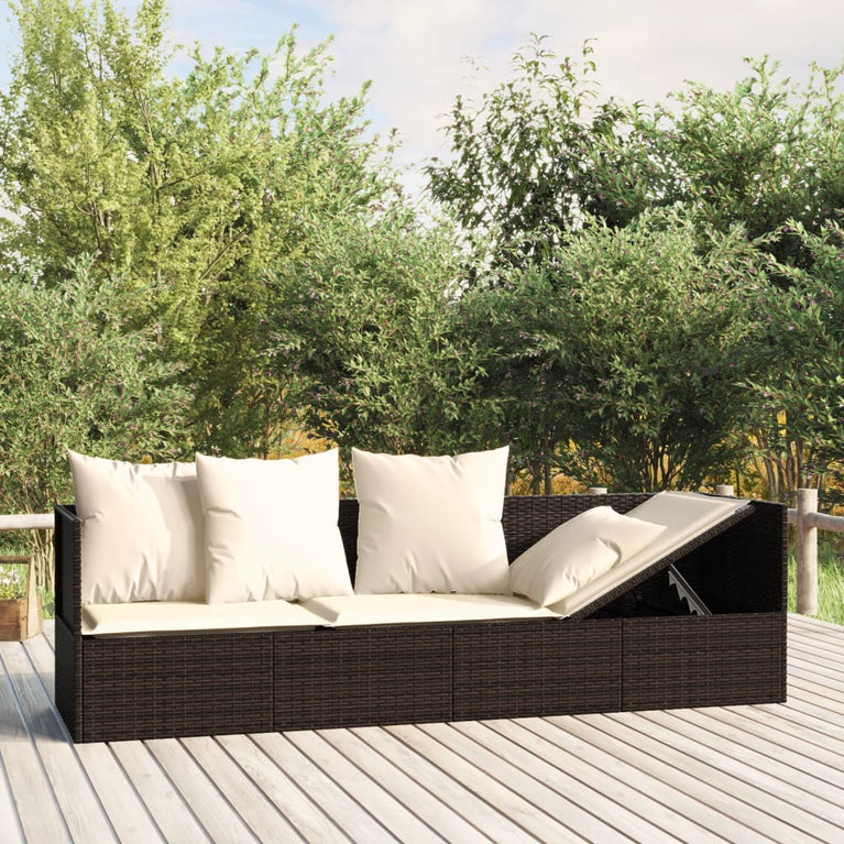 Loungebed met kussens poly rattan bruin