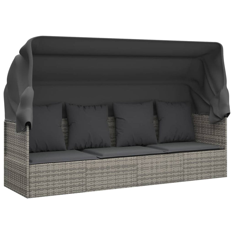 Loungebed met luifel en kussens poly rattan grijs